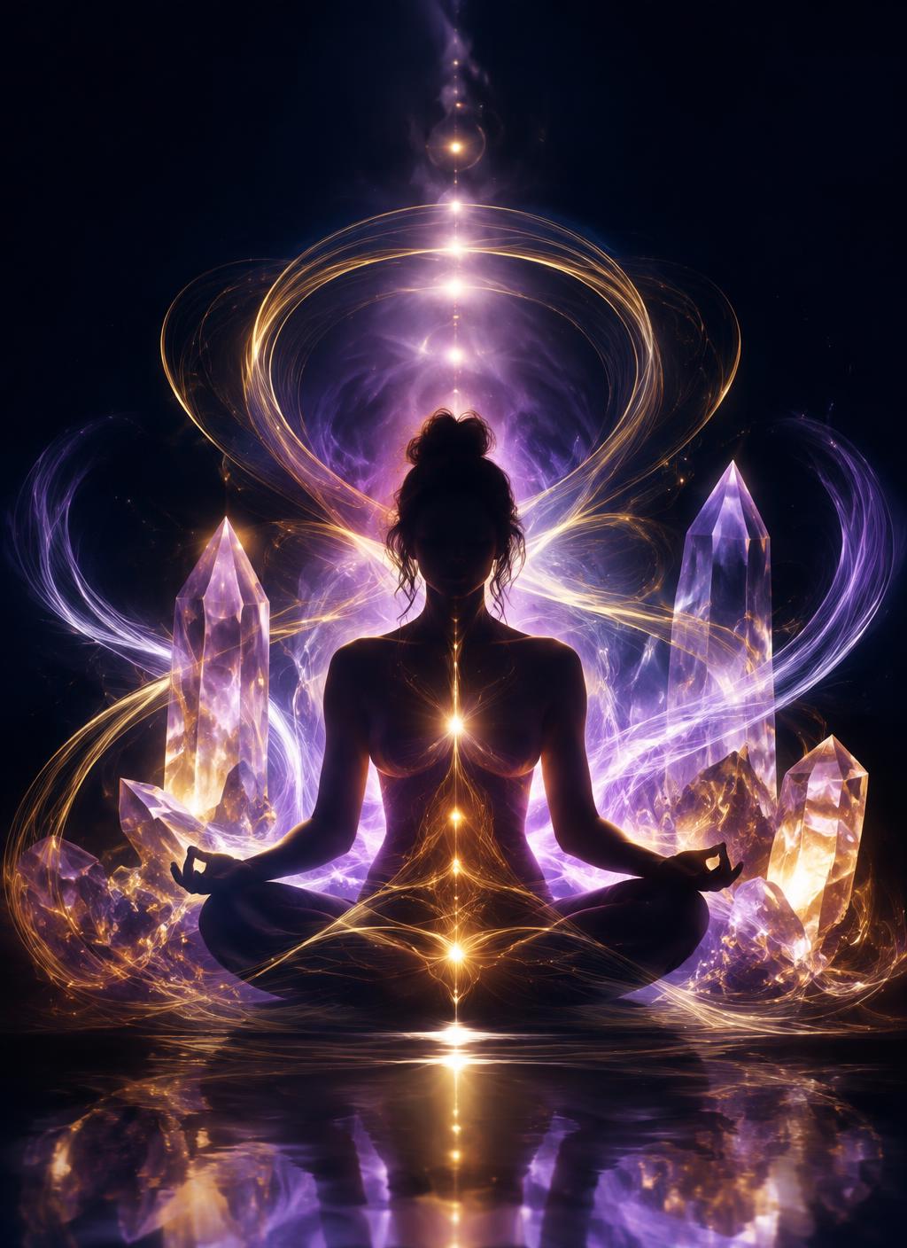 Altın enerji dalgaları içinde meditasyon görseli